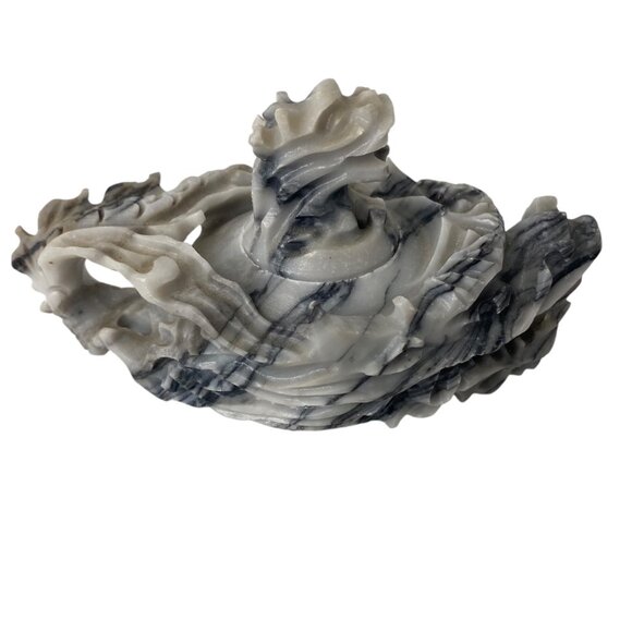 Hand-Carved Marble Decorative Dish Dragon Lotus Design Oyster Plate Candle Tray - Picture 11 of 13